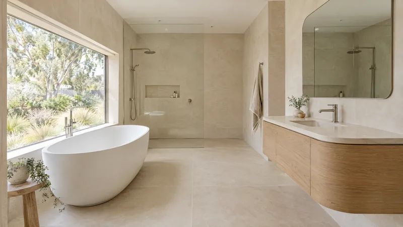 limestone and oak bathroom design concept