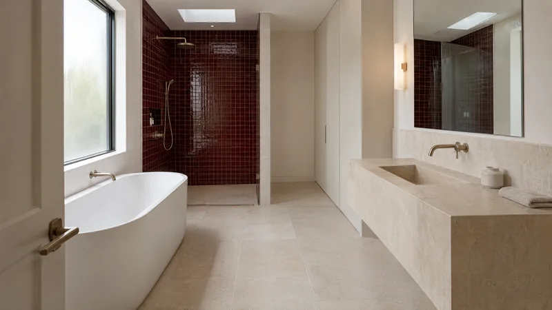 oxblood and limestone bathroom design concept